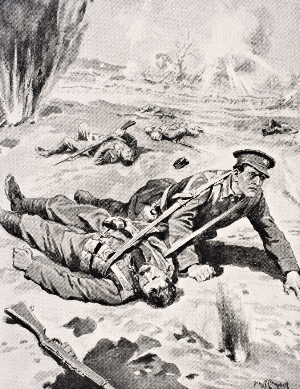 Underkorporal Joseph Tombs VC, med en af fire sårede kammerater, han reddede nær Armentieres, Frankrig, 16. juni 1915, fra 