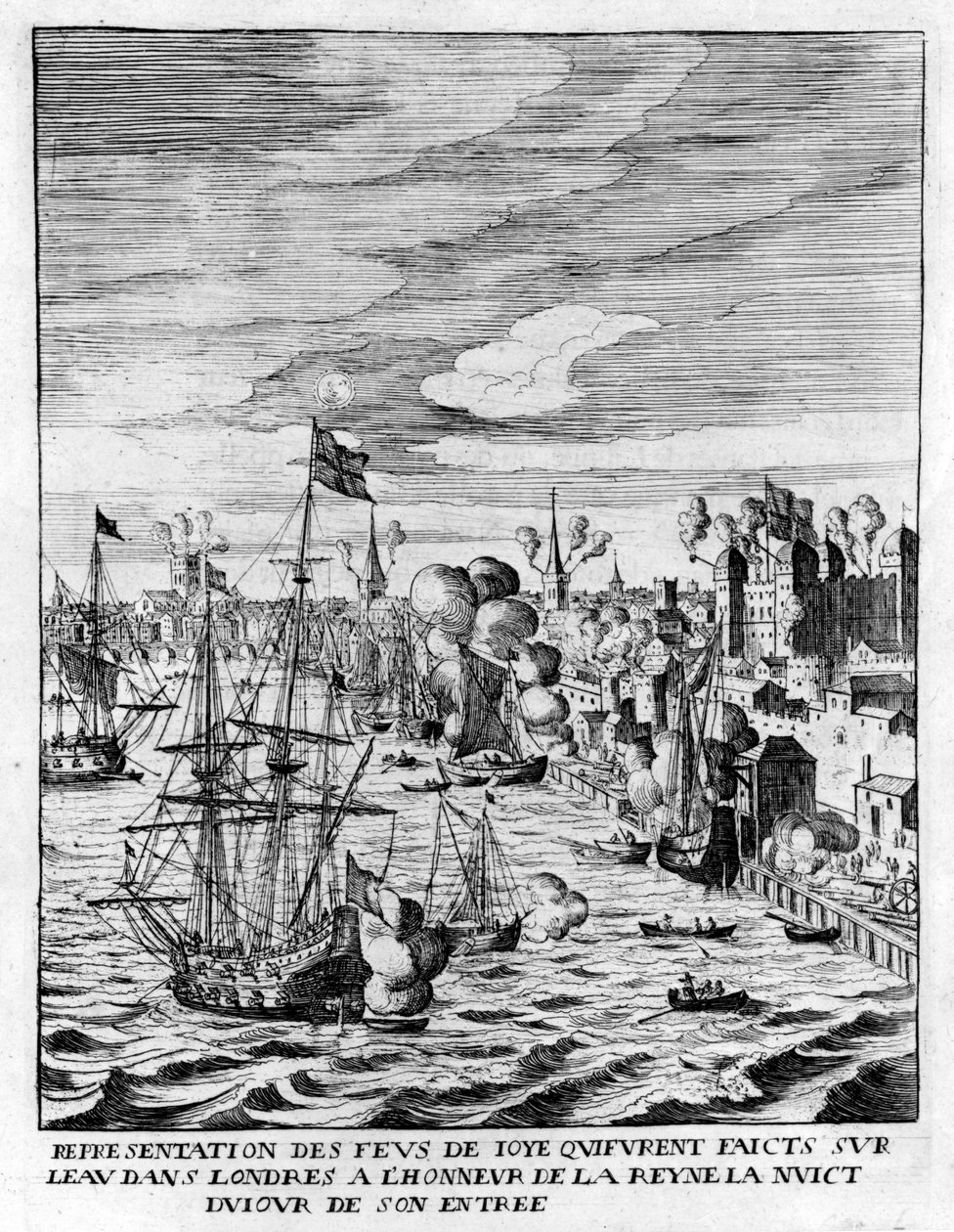 Tændt bål i Tower of London og kanonild til ære for Dronning Marie de Medicis ankomst, illustration fra 