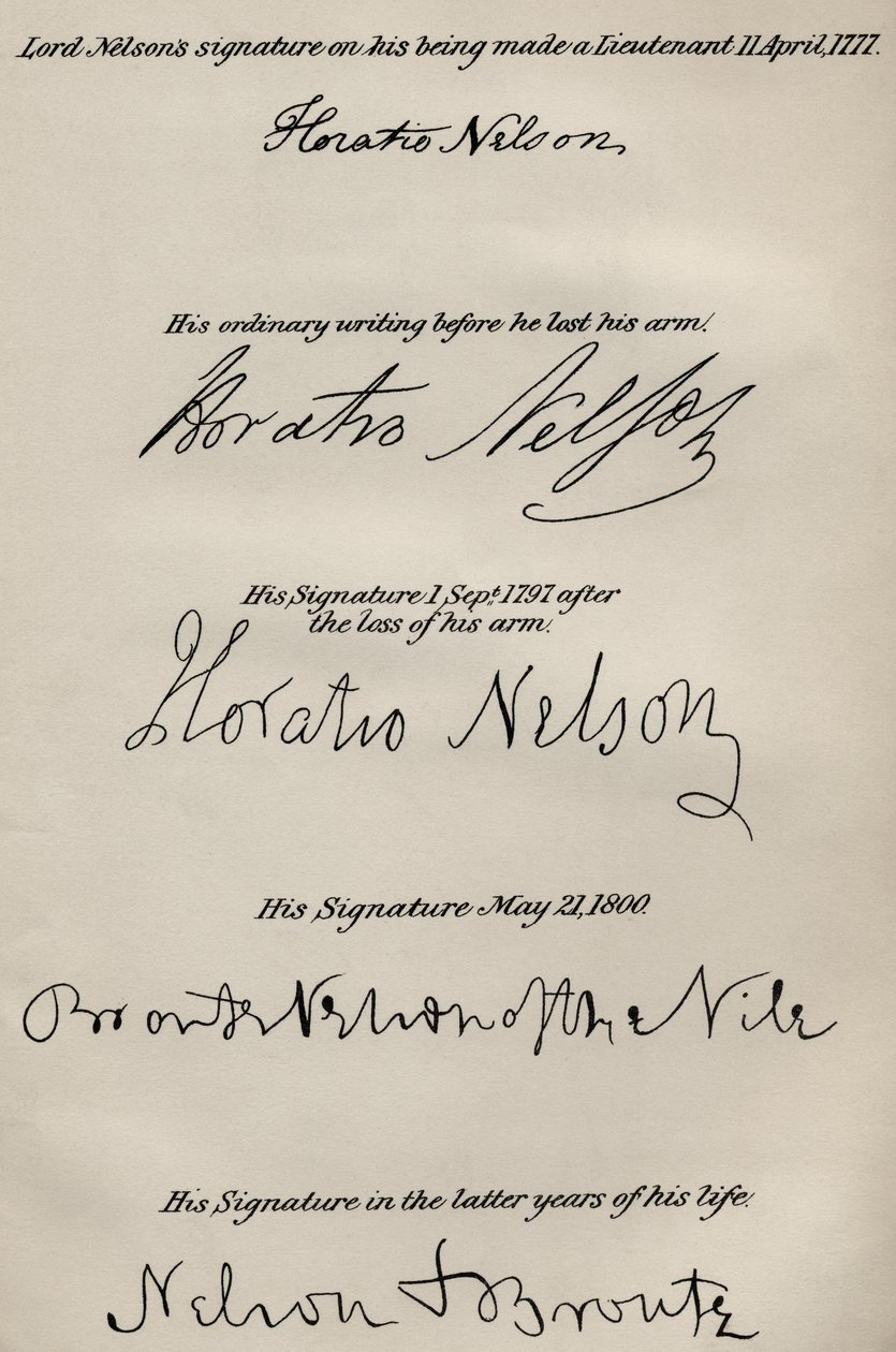 Lord Nelsons signaturer før og efter tabet af sin højre arm, fra 