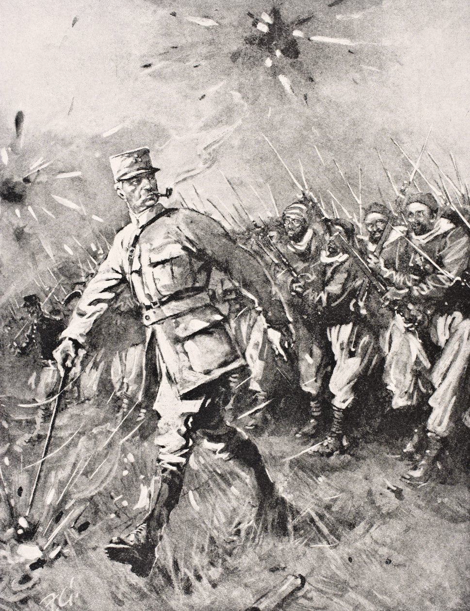 Major Jean-Baptiste Marchand, med pibe i munden, stok i hånd, leder Zouave og marokkanske enheder mod den tyske fjendes vestfront 1915, fra 