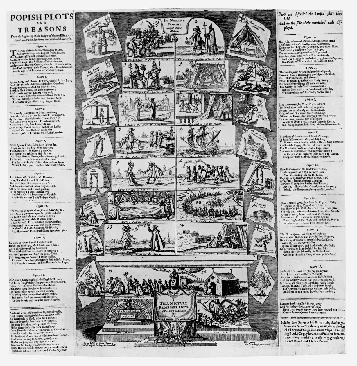 Popiske plot og forræderi fra begyndelsen af dronning Elizabeths regeringstid, illustreret med emblemer og forklaret i vers, indgraveret af Cornelis Danckerts (ca. 1603-56) (se 1 af English School