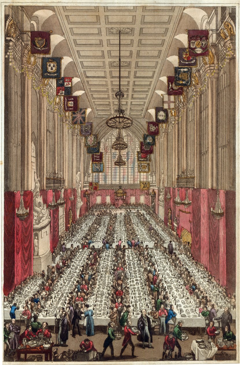 Repræsentation af det indre af Guildhall i anledning af besøget af kongen og dronningen, ved indvielsesmiddagen i Ald. Nøgle til borgmesterskabet i London, 9. november 1830 af English School