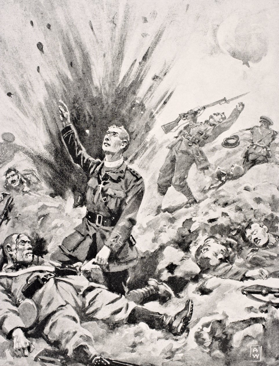 Pastor John Gwynn, kapellan ved Irish Guards, giver det sidste sakramente til en døende tysk soldat, lige før han selv blev dræbt på Hill 70 i slaget ved Loos, Frankrig, oktober 1915, fra "The War Illustra af English School