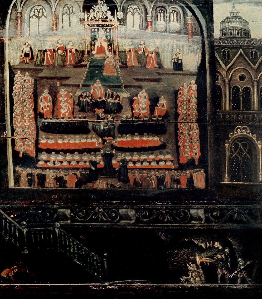 Højre side af Diptykon viser parlamentet for James I of England, VI af Skotland (1566-1625) og Krudtplot, detalje af Krudtplotterne fra nederste højre hjørne (olie på s. af English School