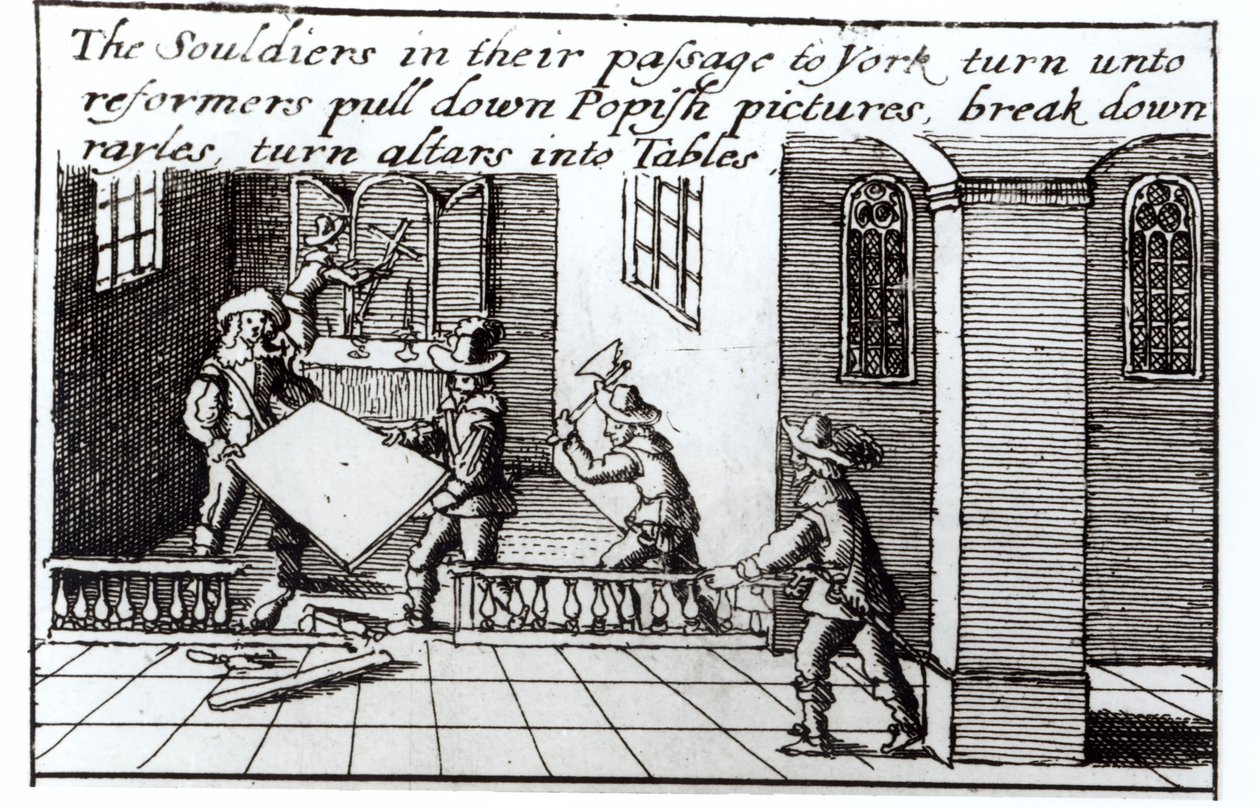 Soldater i deres passage til York bliver til reformatorer, træk popiske billeder ned, bryder Rayles ned, gør altre til borde (gravering) (bw foto) af English School