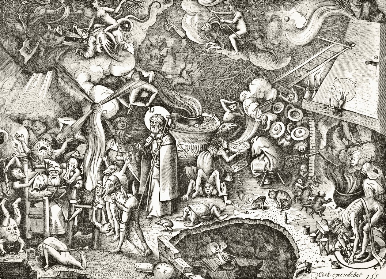 St. Jakob den Ældre bekæmper en tryllekunstners djævelske fortryllelser, indgraveret i det 16. århundrede efter en komposition af Brueghel den Ældre, fra 