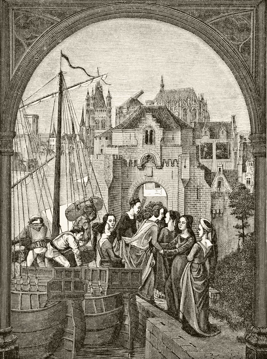 Ursula og hendes ledsagere ankommer til Køln, efter et fragment fra det 15. århundrede på relikvieskrinet i Brugge, fra "Science and Literature in the Middle Ages" af Paul Lacroix, 1878. af English School