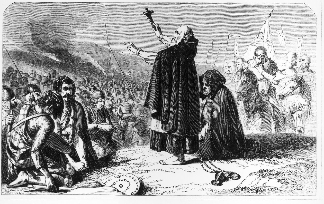 Abbeden af Inchaffray velsigner den skotske hær før slaget ved Bannockburn, 21. juni 1314, indgraveret af T. Bolton (gravering) (bundw foto) af English School
