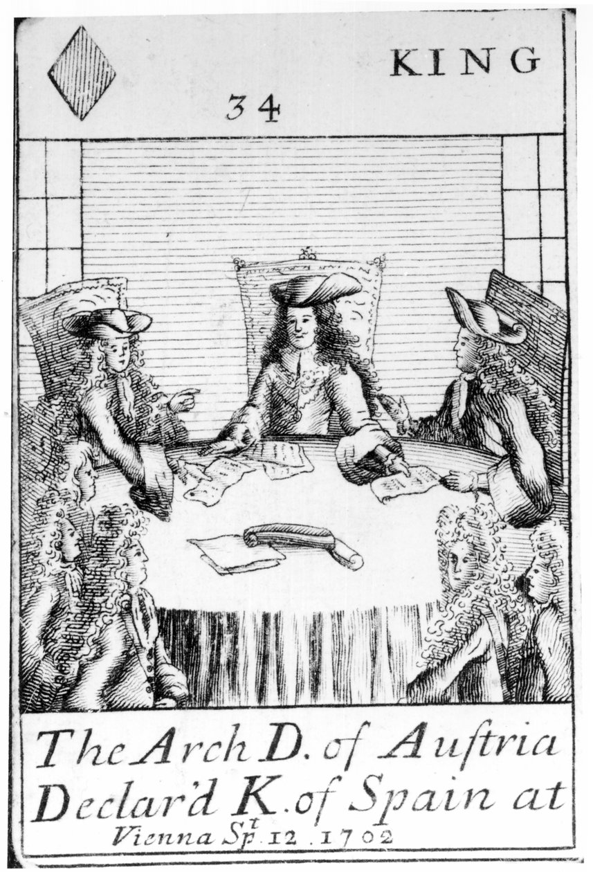 Ærkehertugen af Østrig erklæret som konge af Spanien i Wien, 12. september 1702, konge af diamanter spillekort fra et sæt til minde om den spanske arvefølgekrig (1702-13) af English School