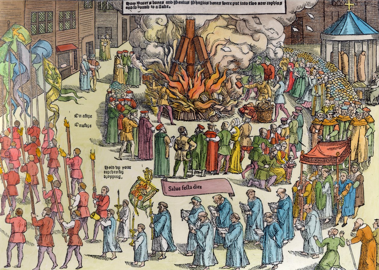 Afbrænding af Martin Bucer (1491-1551) og Paul Fagius (1504-49) på Market Hill i Cambridge i 1557, fra 