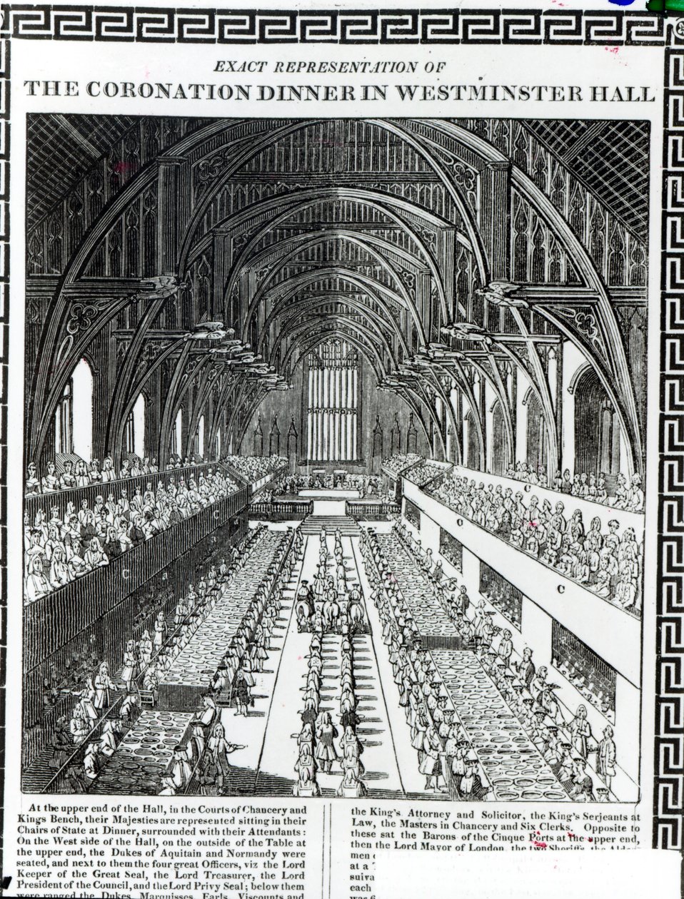 The Coronation Banket i Westminster Hall, fra en bog til minde om kroningen af kong William III (1650-1702) og Queen Mary II (1662-94) af Francis Sandford (1630-94) af English School