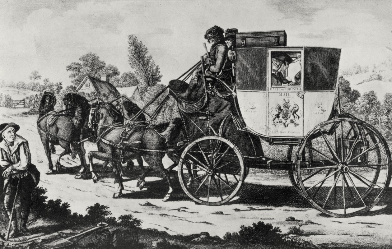 The First Mail Coach, 1784 (gravering) (bundw foto) af English School