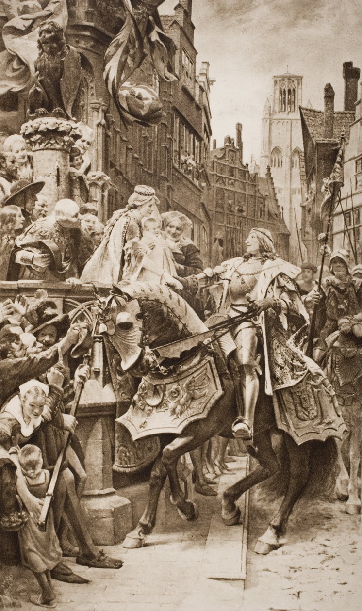 Den hellige romerske kejser Maximilian I og hans kone, Maria af Bourgogne, med deres førstefødte, Philip af Gent, illustration fra 