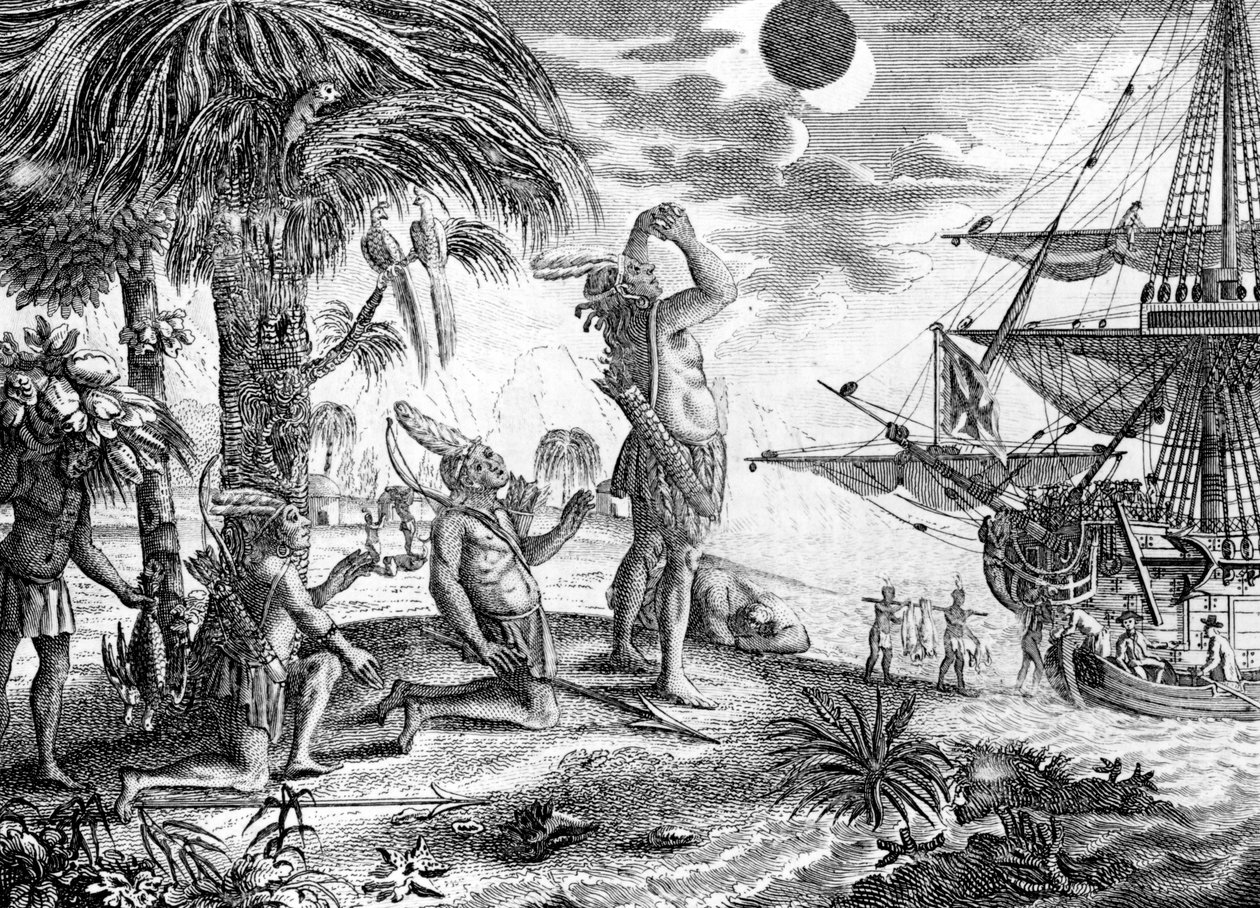 Indianerne overraskede over måneformørkelsen forudsagt af Columbus, illustration fra 
