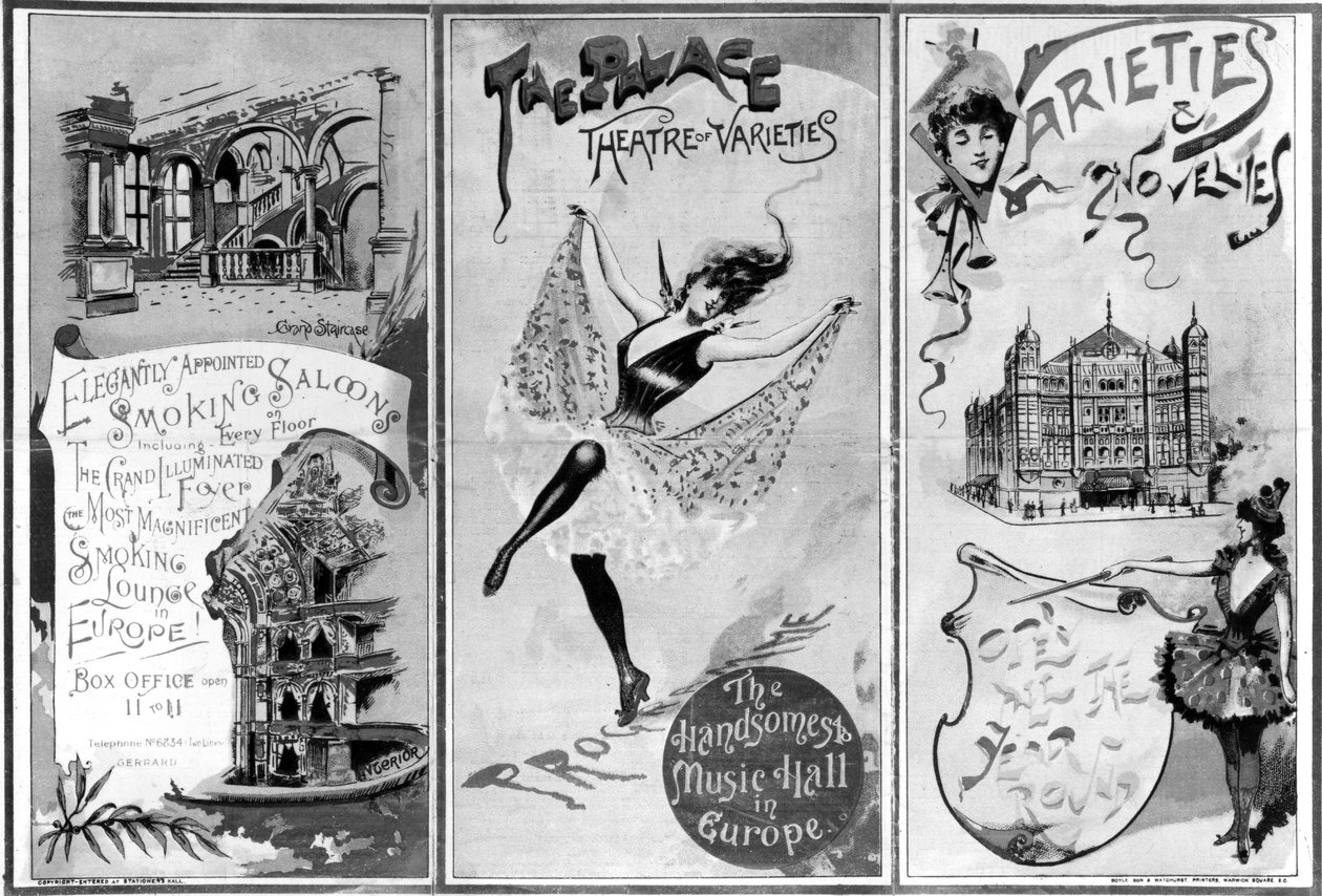 The Palace Theatre of Varieties, c.1893 88;London West End-teater, operahus og musiksal; åbnet i 1891 af Richard D