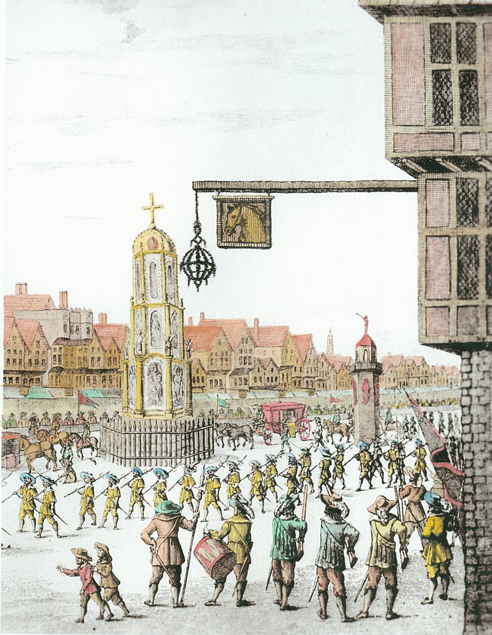 The Procession of Marie de Medici langs Cheapside, 1638, udgivet af William Herbert (1771-1851) og Robert Wilkinson (fl.1785-1825) 1809 (detalje af 257497) (senere farvelægning) af English School