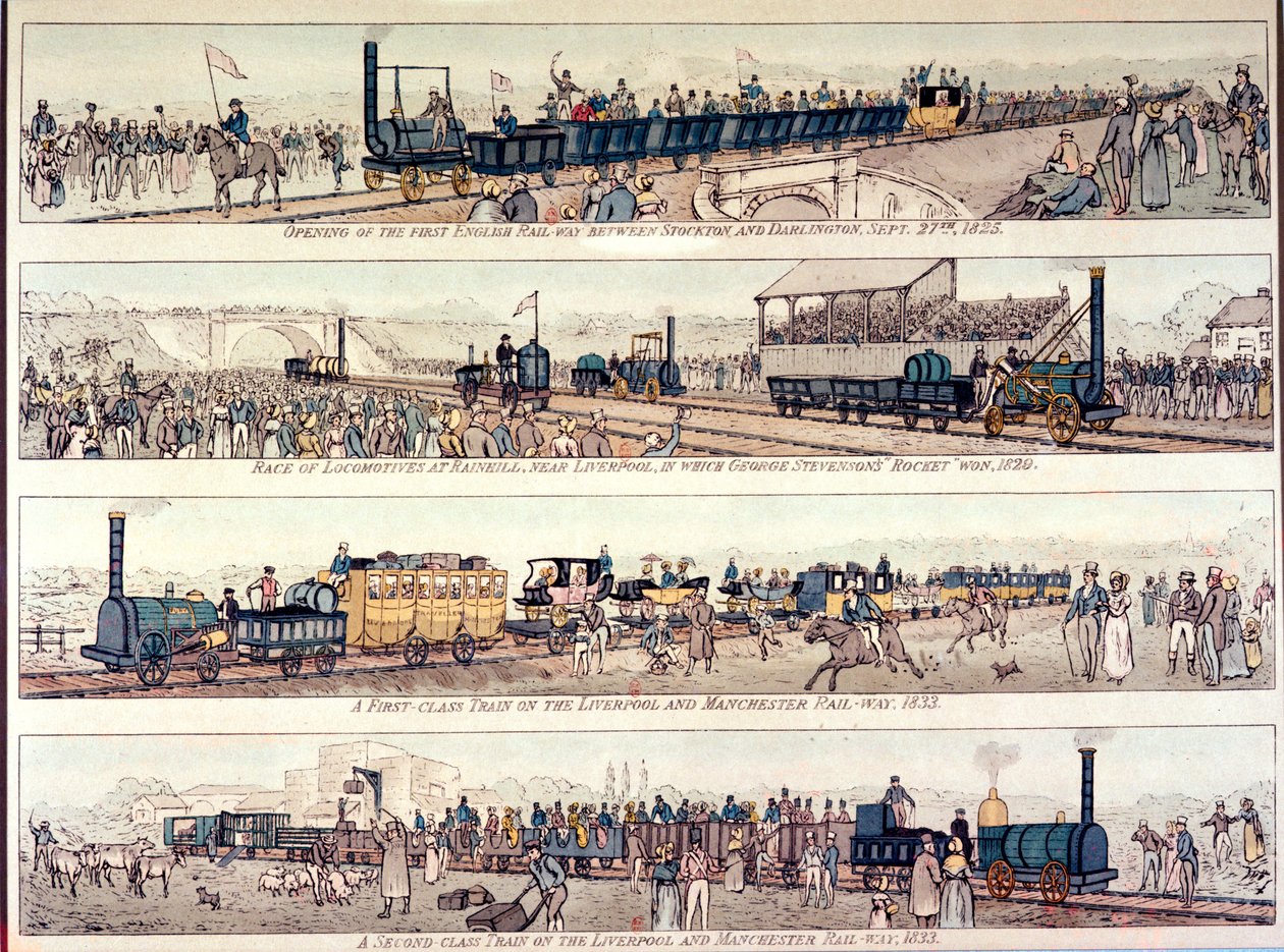 Åbningen af Stockton og Darlington jernbanen, 1825; Lokomotivløb ved Rainhill, nær Liverpool, vundet af George Stephensons 