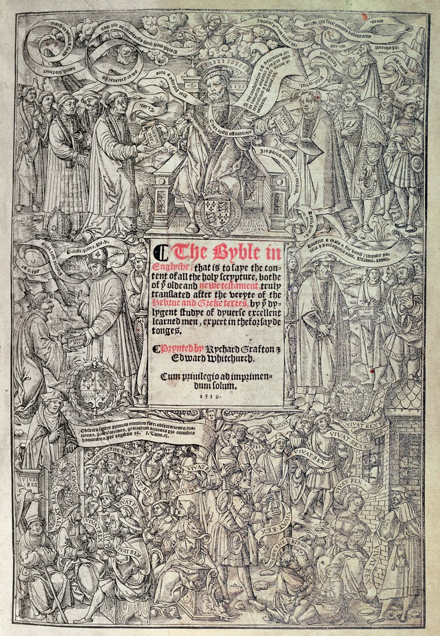 Titelside, der introducerer engelsk oversættelse af den Store Bibel, oversat fra de hebraiske og græske tekster og trykt af Richard Grafton og Edward Whitchurch, ca. 1539 (træsnit) af English School
