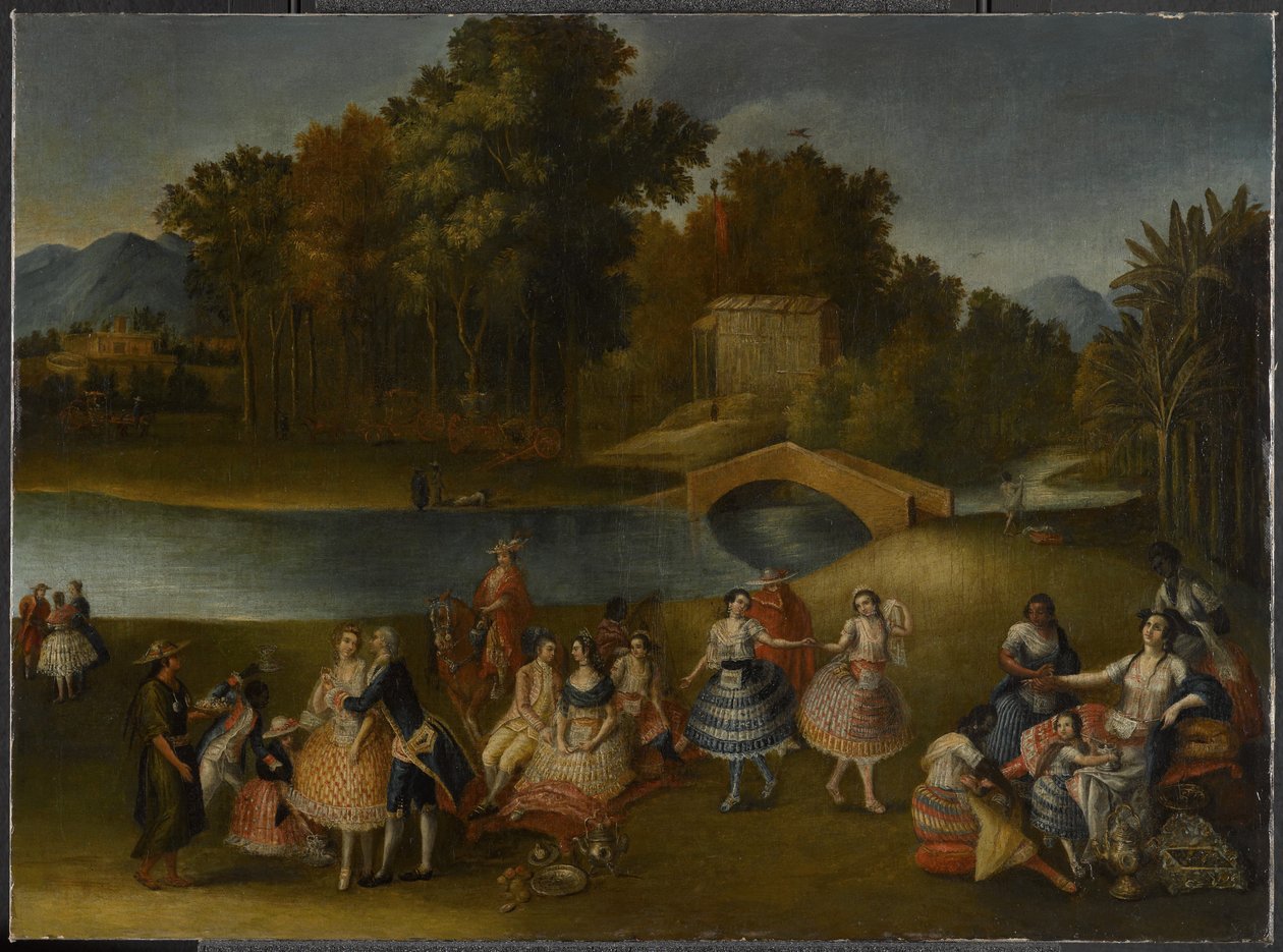 Et muntert selskab på Rímac-flodens bredder, 1785-1800 af Lima School