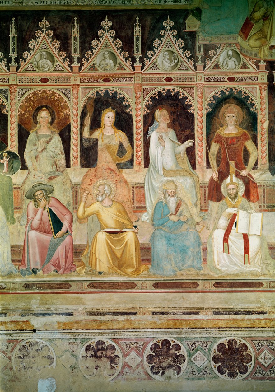 Den katolske doktrins triumf, detaljer om praktisk teologi og Boethius, Hope og St. John Damascene, Faith og St. Denys Areopagite, Charity og St. Augustine, fra det spanske kapel, 13 af Andrea di Bonaiuto