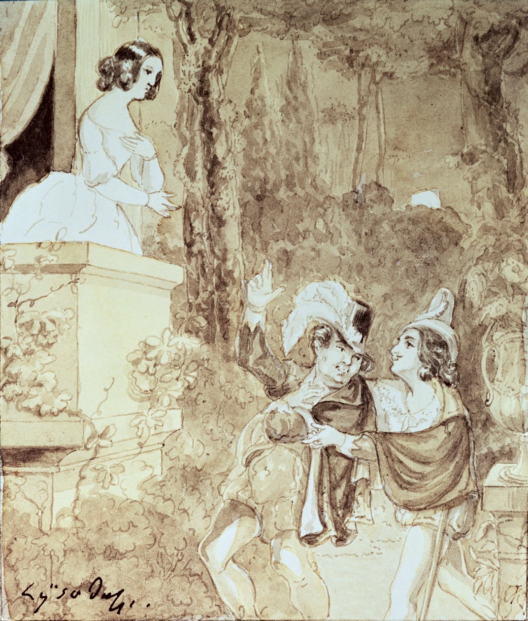 Leporello serenade Elvira i skikkelse af Don Giovanni (Don Juan), der står bag ham, anden akt scene I, fra 