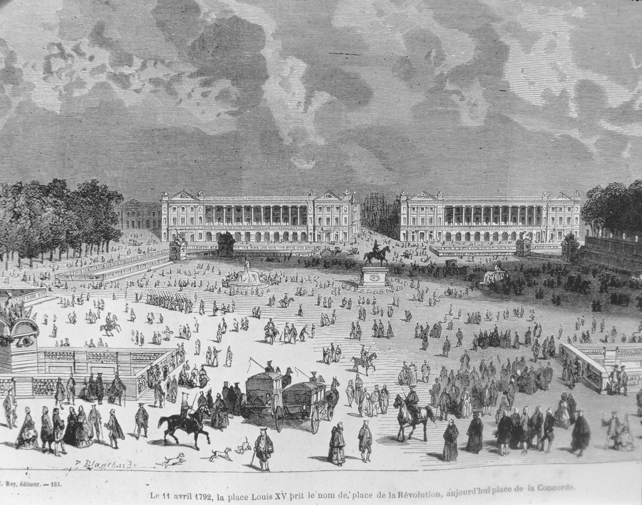 Den 11. april 1792 blev Place Louis XV omdøbt til Place de la Revolution og hedder i dag Place de la Concorde, illustration fra "Paris a travers les siecles". Tome 3. af H. Gourdon de Genouillac, 188 af Blanchard