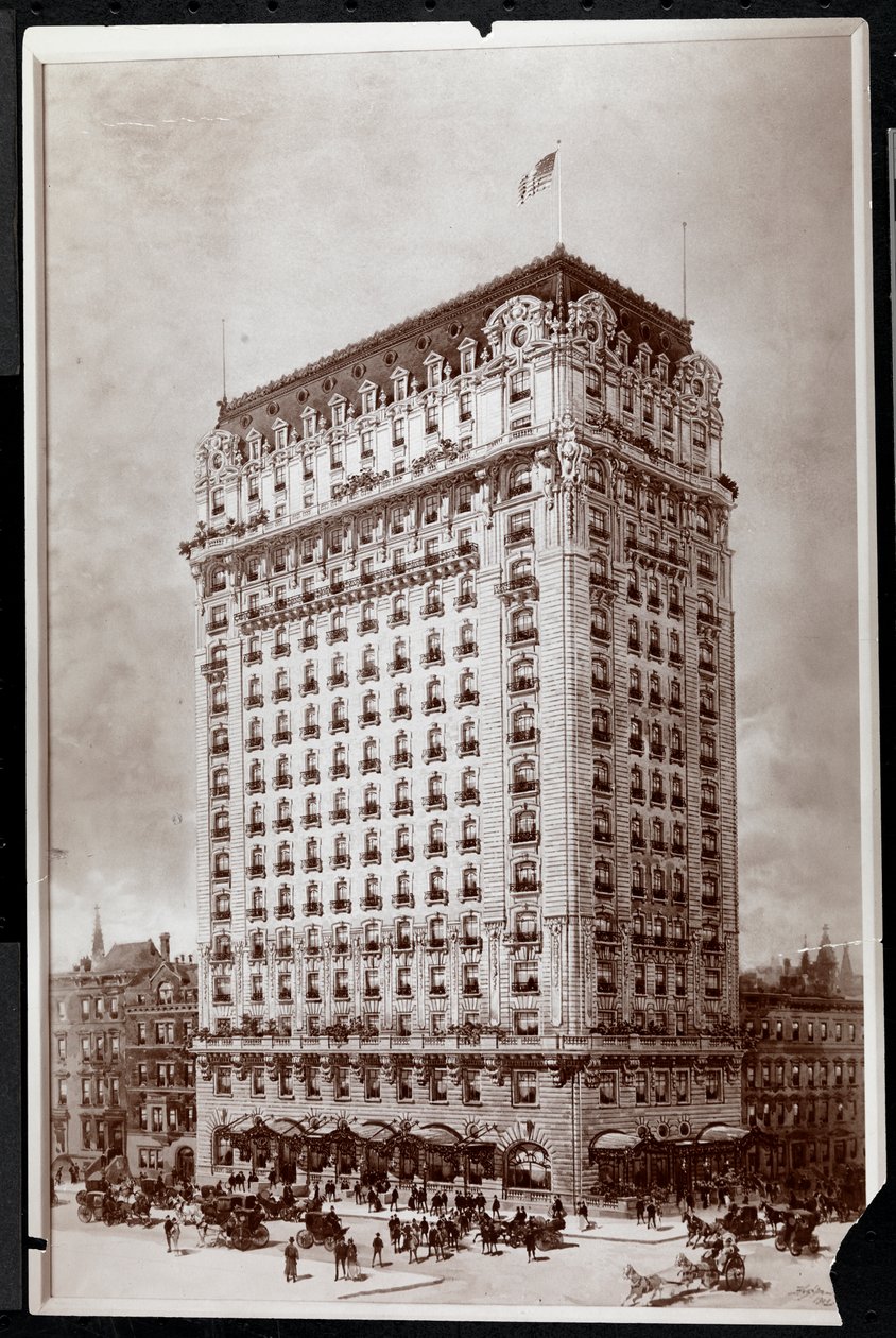 Fotografi af en tegning af St. Regis Hotel, det sydøstlige hjørne af 5th Avenue og 55th Street, New York, af Hughson Frederick Hawley (1850-1936), 1902 (sølv gelatinetryk) af Byron Company