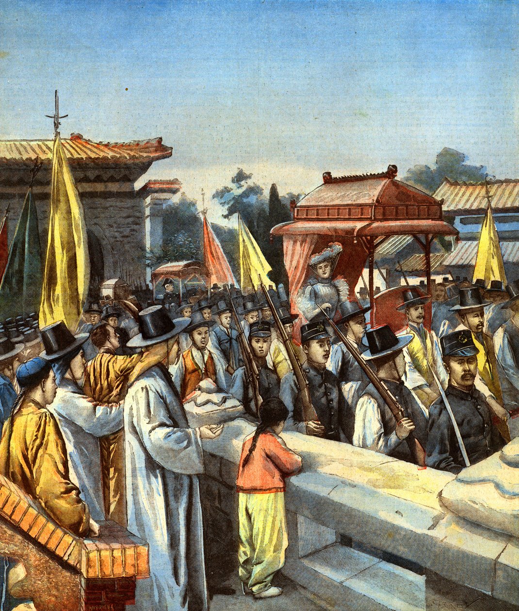 Alice Roosevelt bliver båret gennem Seouls gader i en kejserlig sedanstol til paladset til audiens hos kejseren af Korea den 20. september 1905, forsideillustration fra 