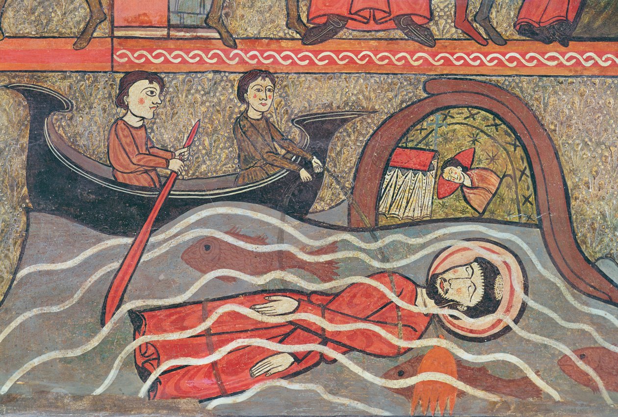 Saint Clements martyrium, detaljer fra et alterfrontal med scener fra Saint Clements liv, fra kirken Sant Climent de Taüll, Vall de Boi, Alta Ribagorça, 2. halvdel af 1200-tallet (tempe) af Catalan School