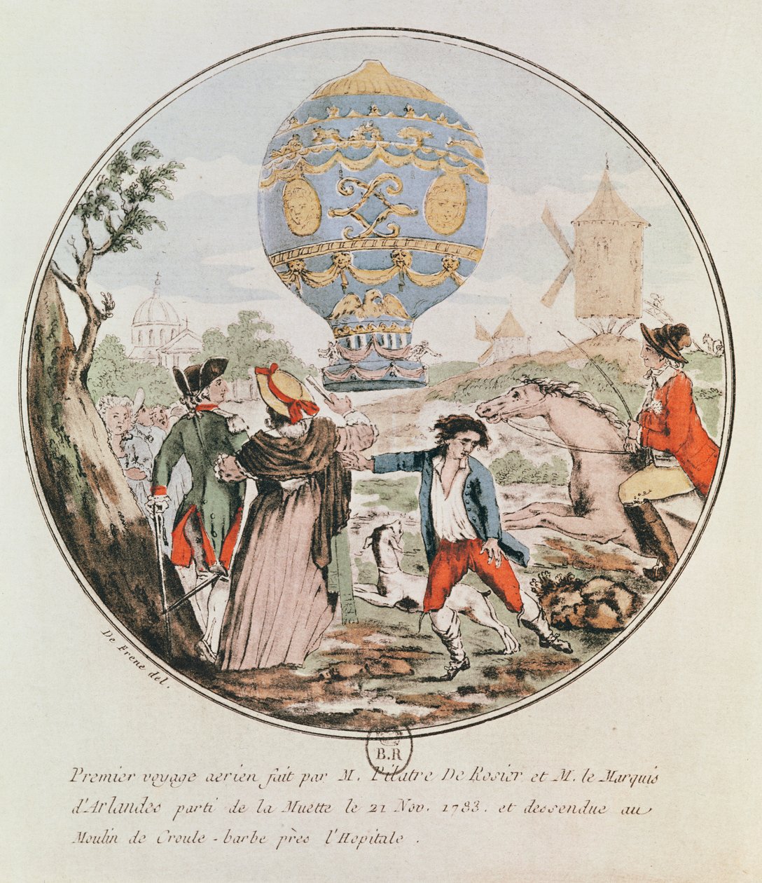 Den første luftrejse af Monsieur Francois Pilatre de Rozier (1754-85) og markisen af ​​Arlandes (1742-1809) fra Muette til vindmøllen ved Croule-Barbe, 21. november 1783 af De Frene