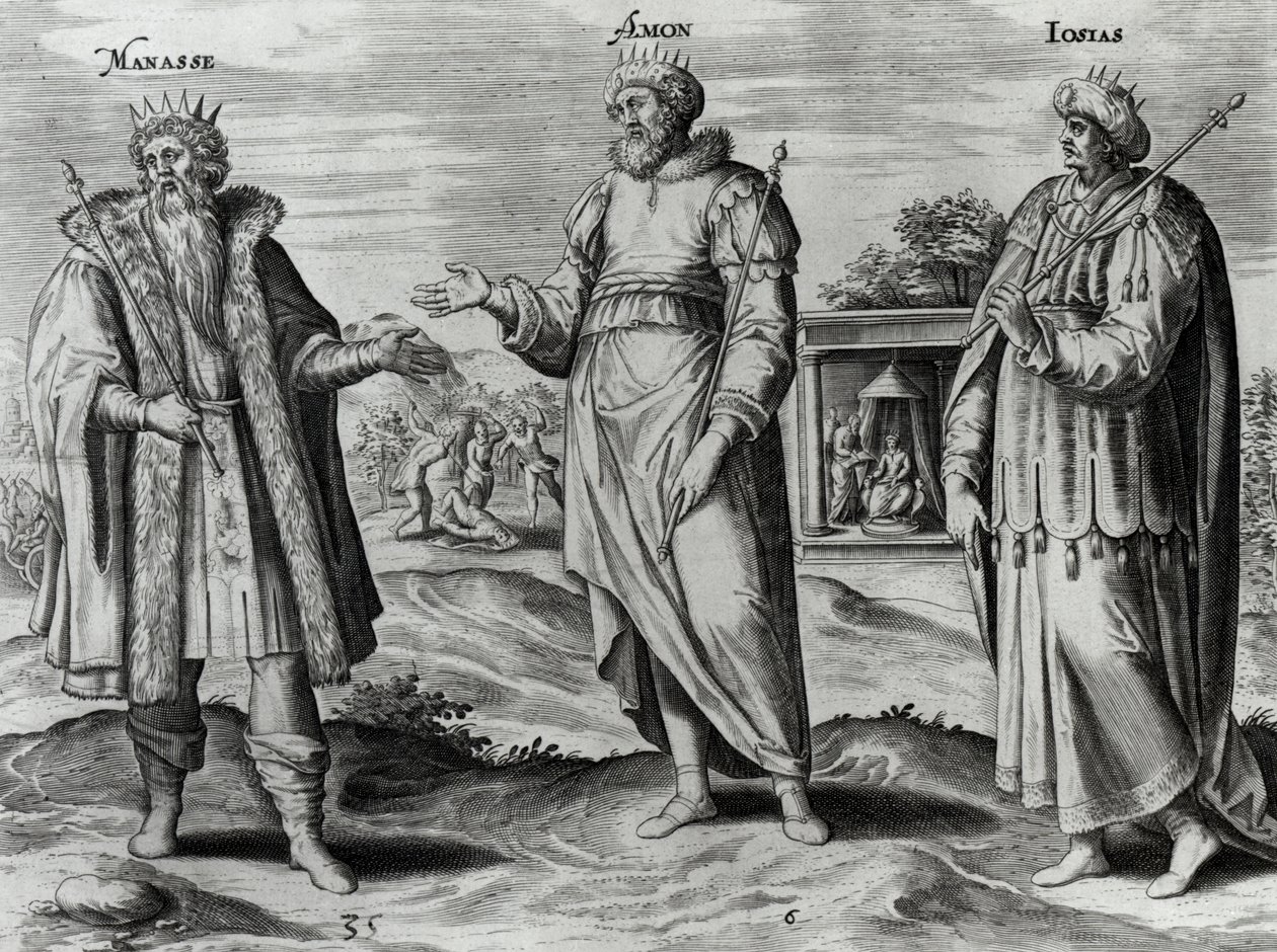 Manasse (697-642 f.Kr.) Amon (642-640 f.Kr.) og Josiah (640-609 f.Kr.) (gravering) (bw-foto) af Dutch School
