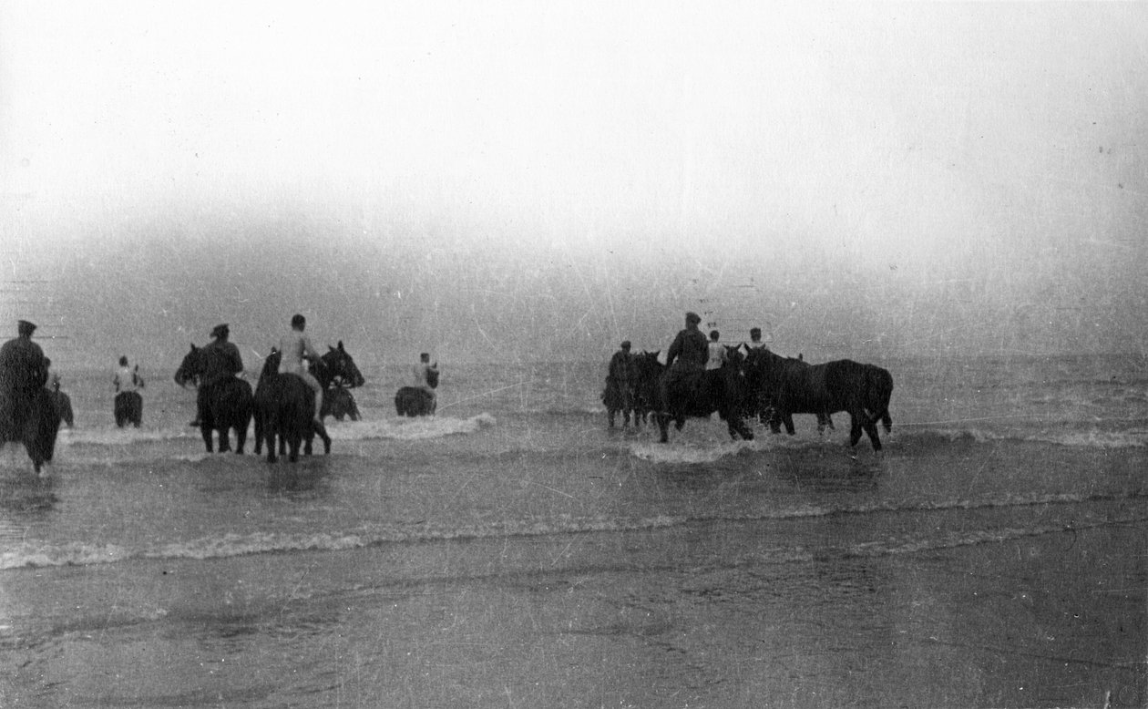 Soldater tager deres heste til en svømmetur ud for Normandiets kyst, august 1916 af English Photographer