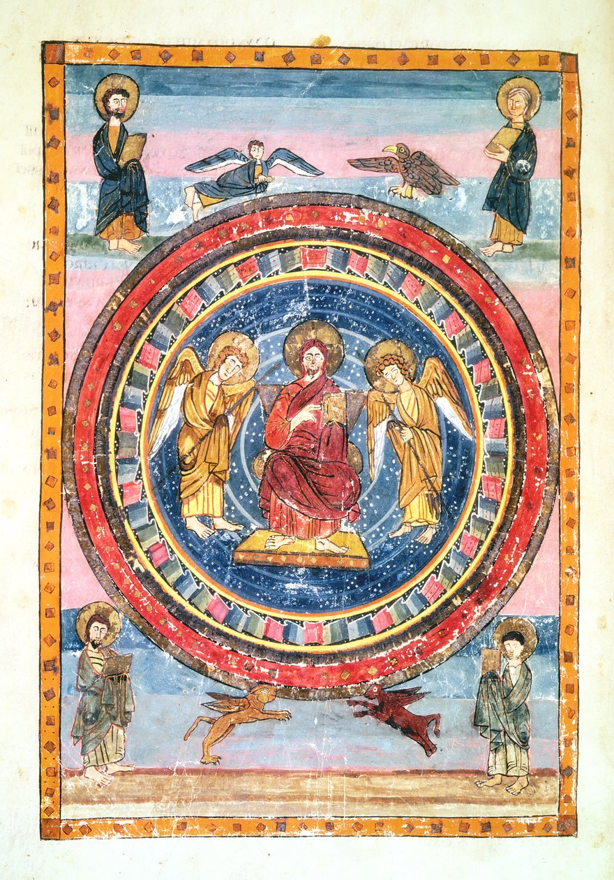 Codex Amiatinus Ms 1 f.796v Kristus i Majestæt med engle og de fire evangelister, henrettet i Jarrow, Wearmouth, begyndelsen af det 8. århundrede af English School