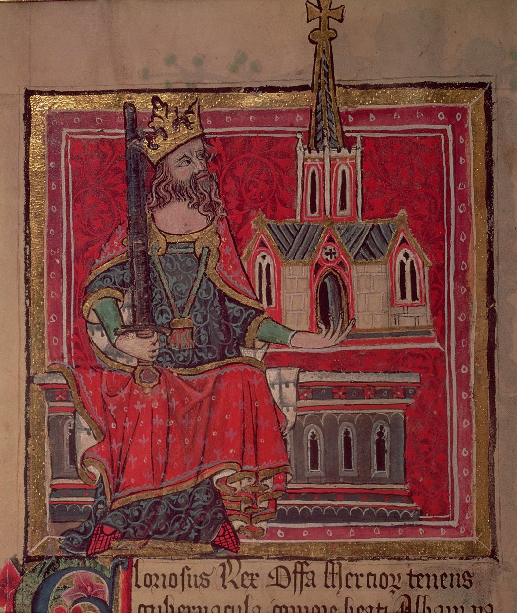 Cott Nero D VIII Offa, konge af Mercia, fra Benefactors Book of St. Albans Abbey, ca. 1380 af English School