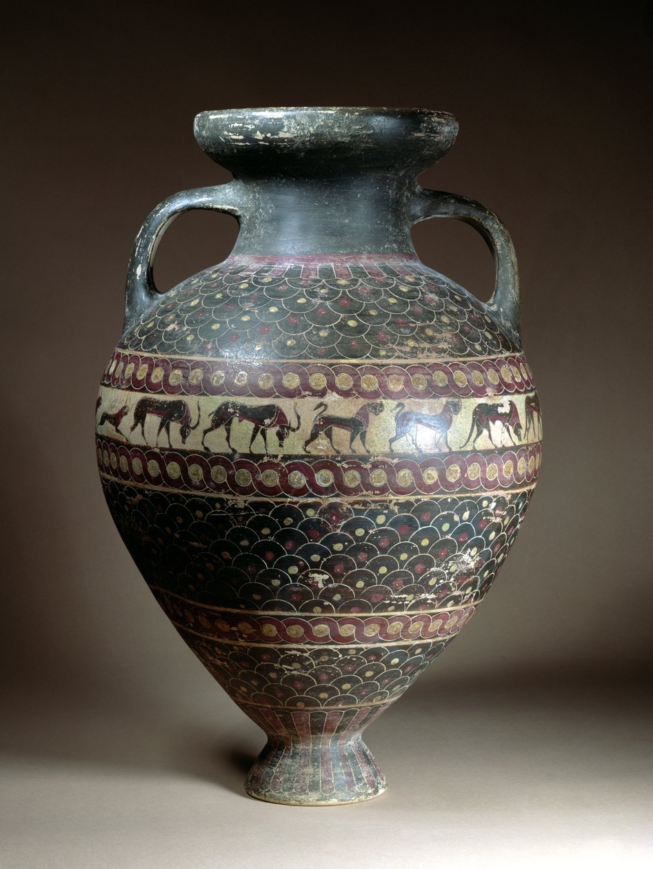 Opbevaringsamfora med piriform krop dekoreret med en frise af dyr, guillochekanter og registre med prikket skalamønster, etruskisk-korintisk, slutningen af det 7. århundrede f.Kr. (keramik) af Etruscan