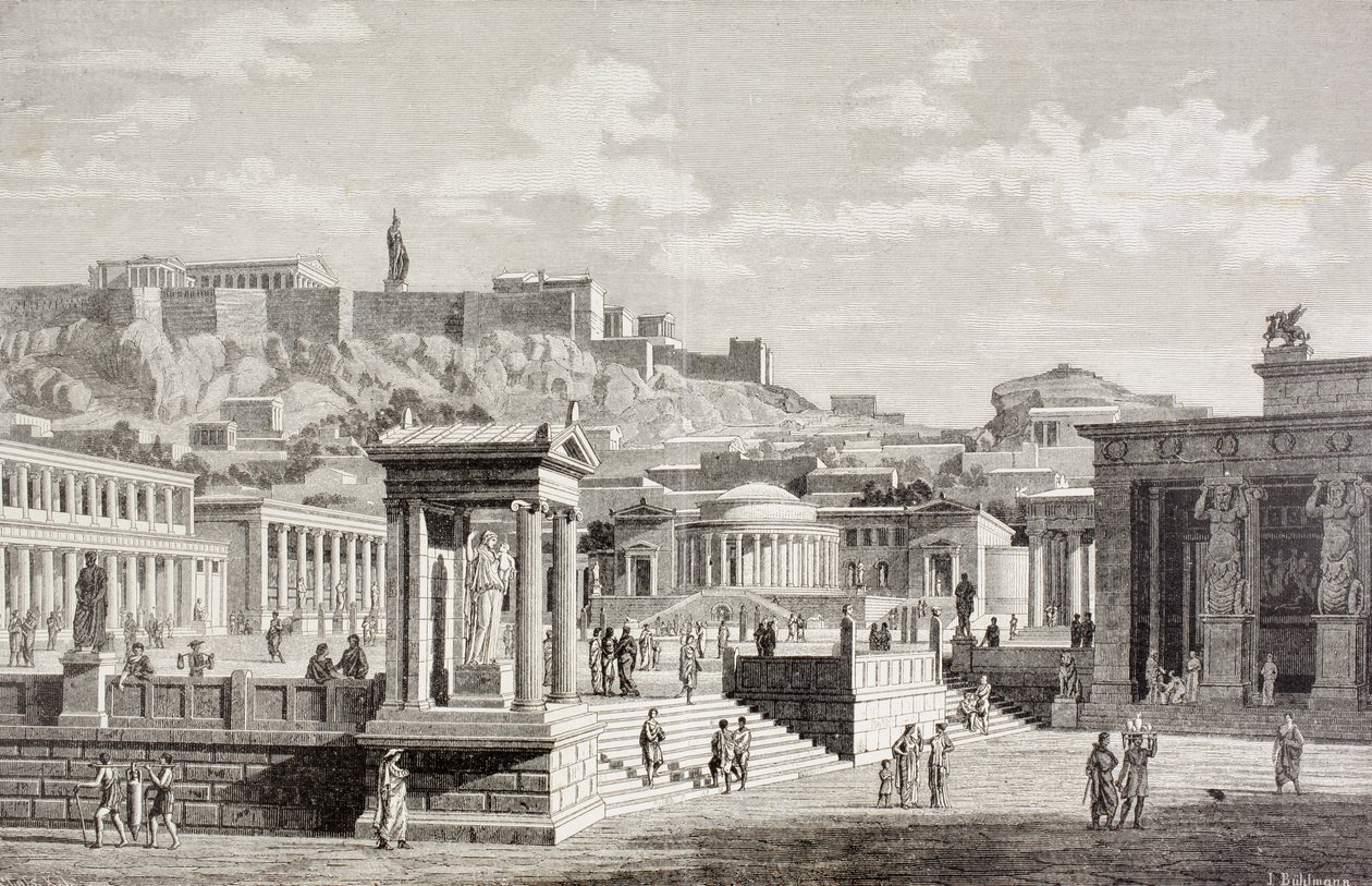 Fantasifuld udsigt over markedspladsen Agora i Athen, det antikke Grækenland, fra 