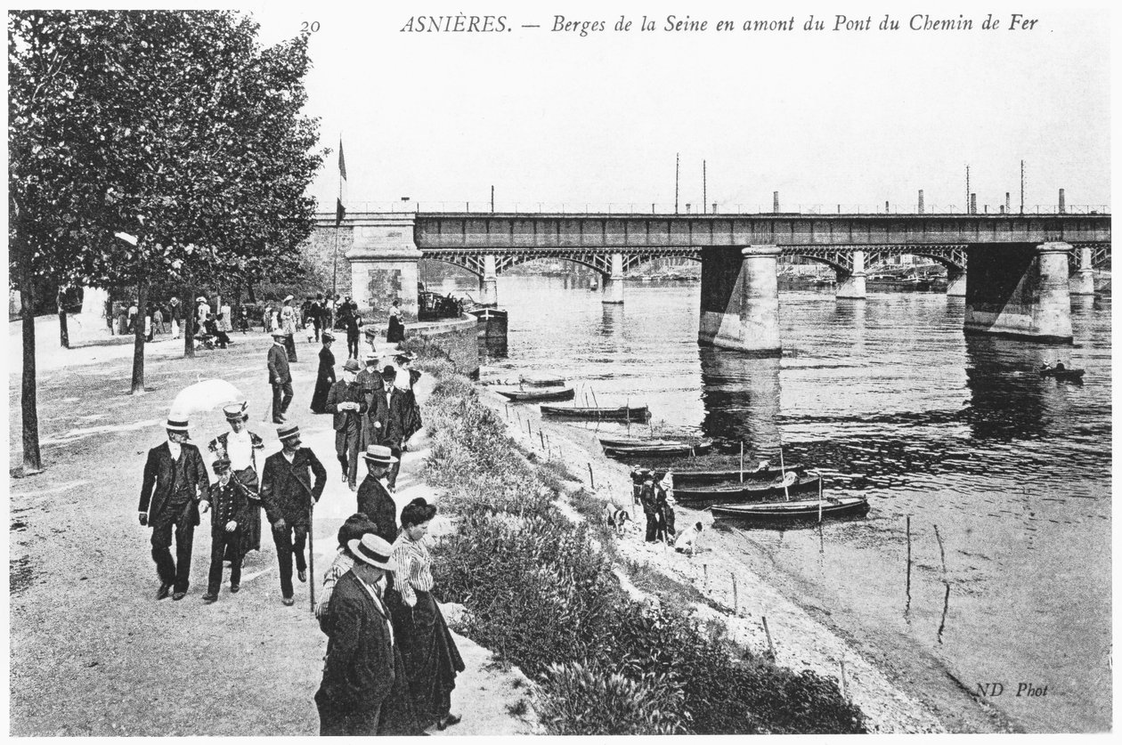 Asnieres, bredden af floden Seinen og jernbanebroen, ca. 1900 af French Photographer