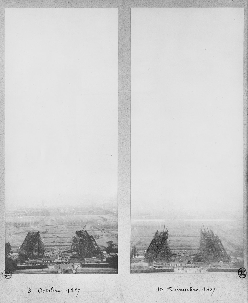 To visninger af konstruktionen af Eiffeltårnet, Paris, 8. oktober og 10. november 1887 af French Photographer