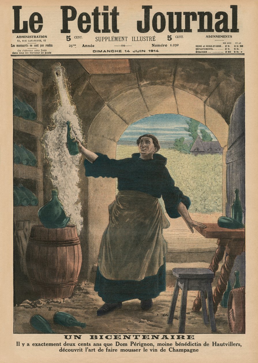 For et 200-års jubilæum, præcist to hundrede år siden, opdagede Dom Perignon, en benediktinermunk fra Hautvillers, kunsten at få Champagne-vinen til at funkle, forsideillustration fra 