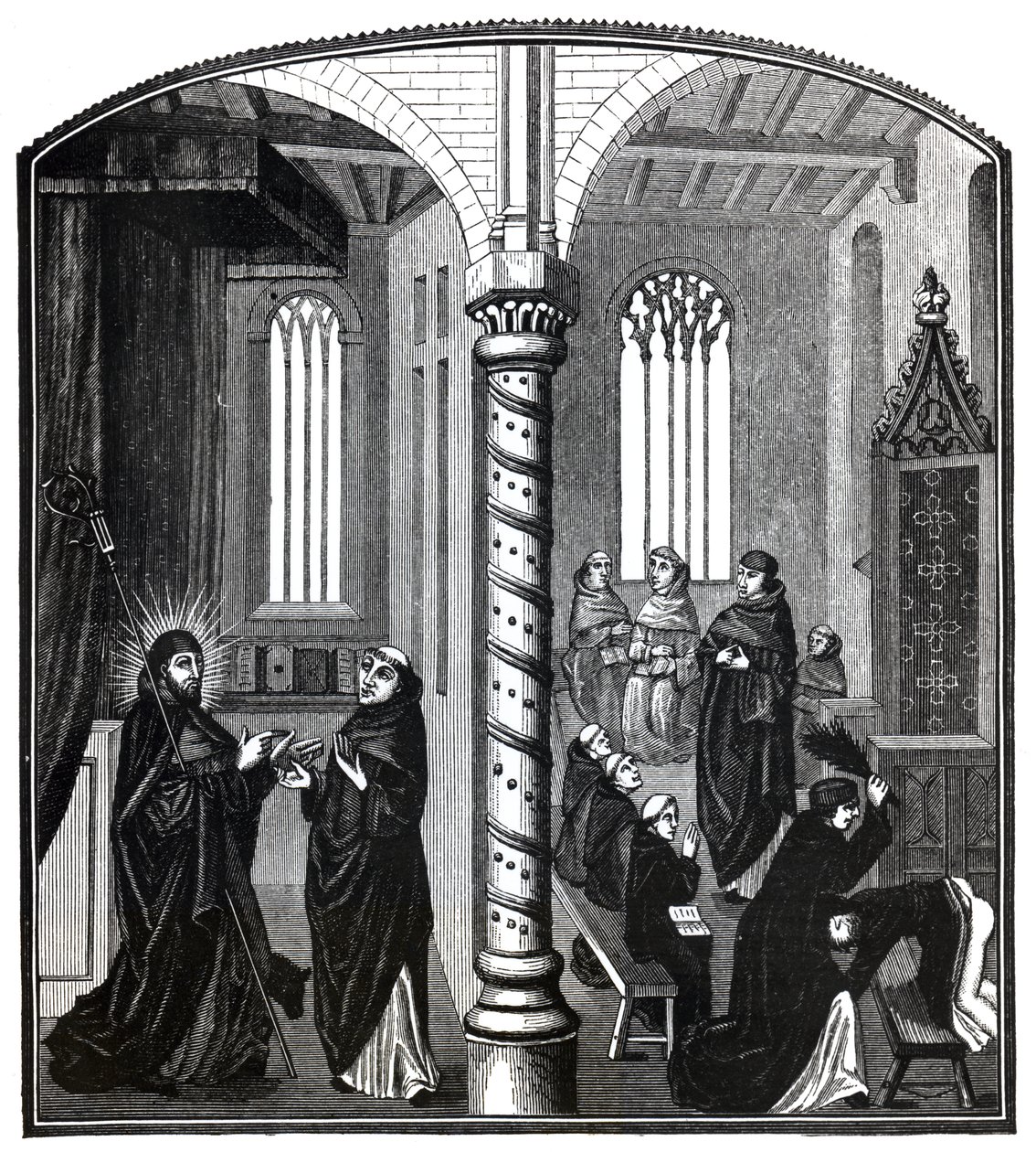 A Birching in a School of Mendicant Monks, fra Ms.21,252, illustration fra 