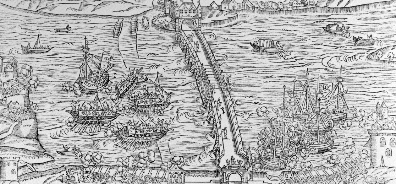En rekonstruktion af et søslag udført på floden Seinen foran Henri IV i 1596, illustration fra 