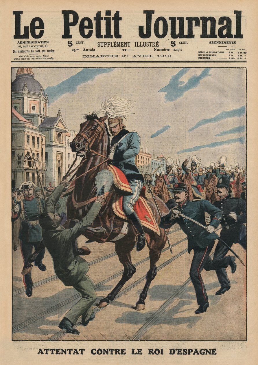 Attentatforsøg på kong Alfonso XIII af Spanien, illustration på forsiden af "Le Petit Journal", supplement illustre, 27. april 1913 af French School