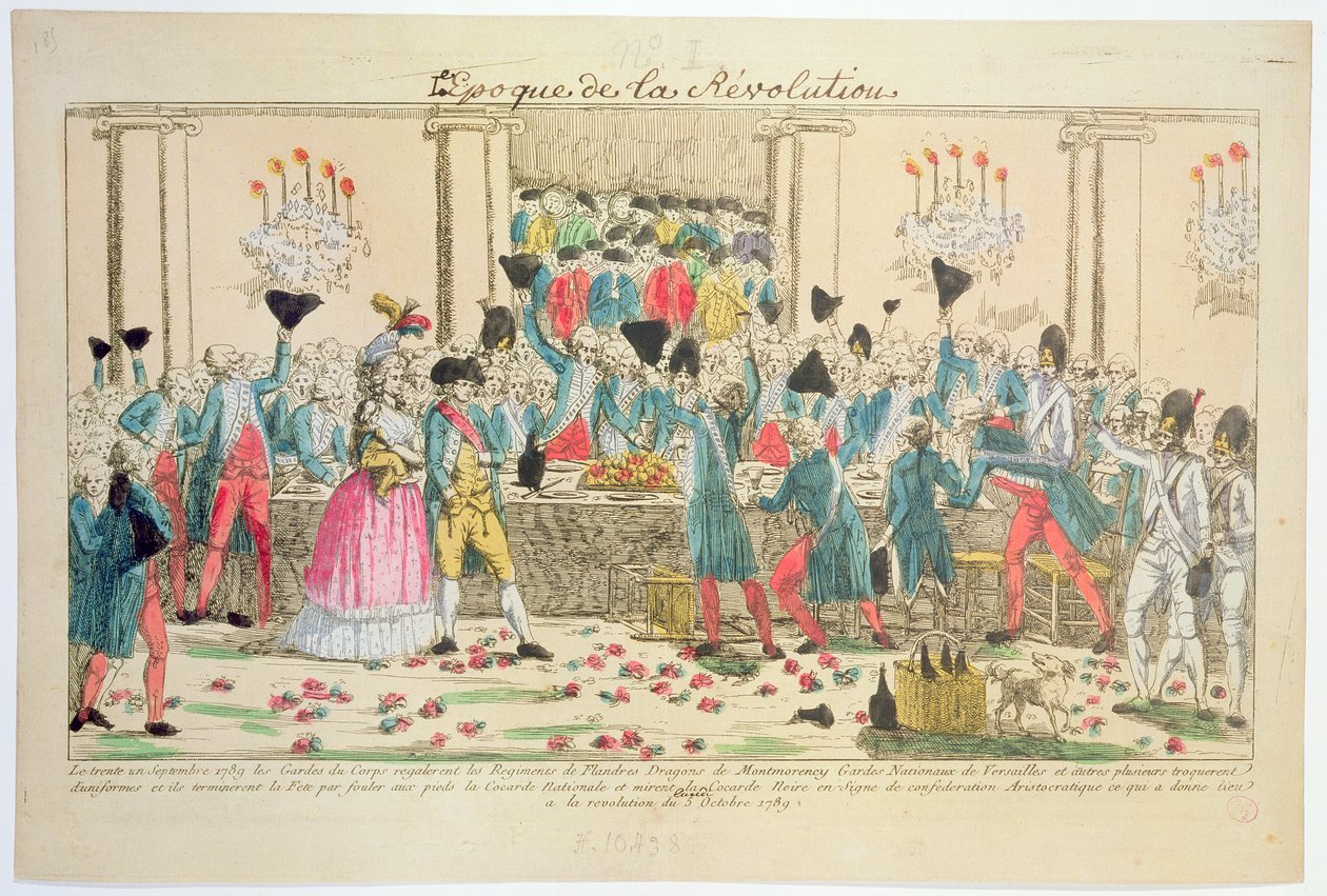 Banket givet den 1. oktober 1789 i Versailles operahus af kongens livvagter for at byde velkommen til ankomsten af Flandern Regiment for at hjælpe med at støtte og beskytte den franske kongefamilie ( af French School