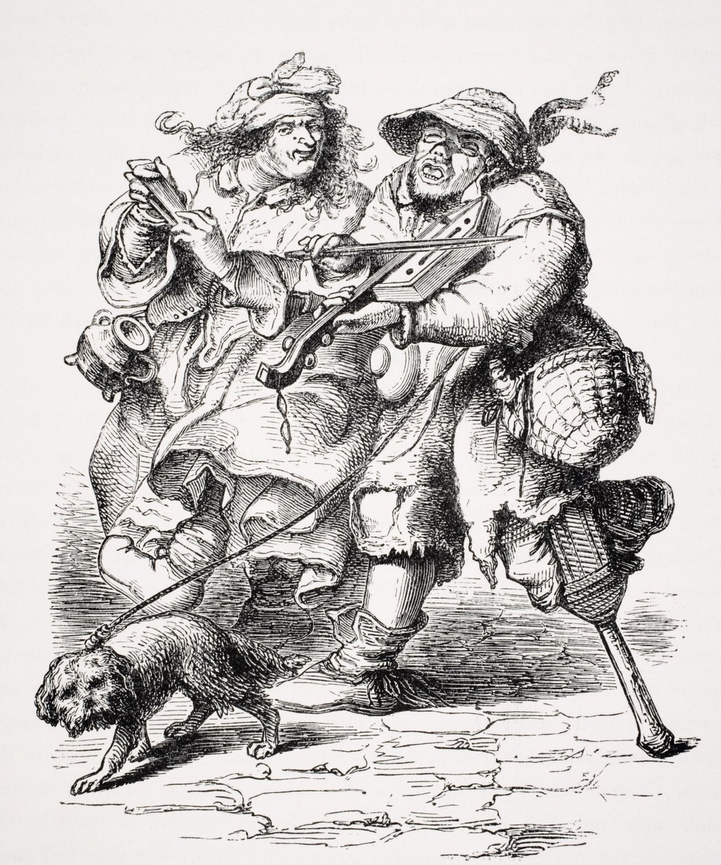 Tigger spiller på violin, mens hans kone akkompagnerer ham med knogler, efter et stik fra det 17. århundrede, fra "Le Moyen Age et La Renaissance" af Paul Lacroix (1806-84) udgivet i 1847 af French School