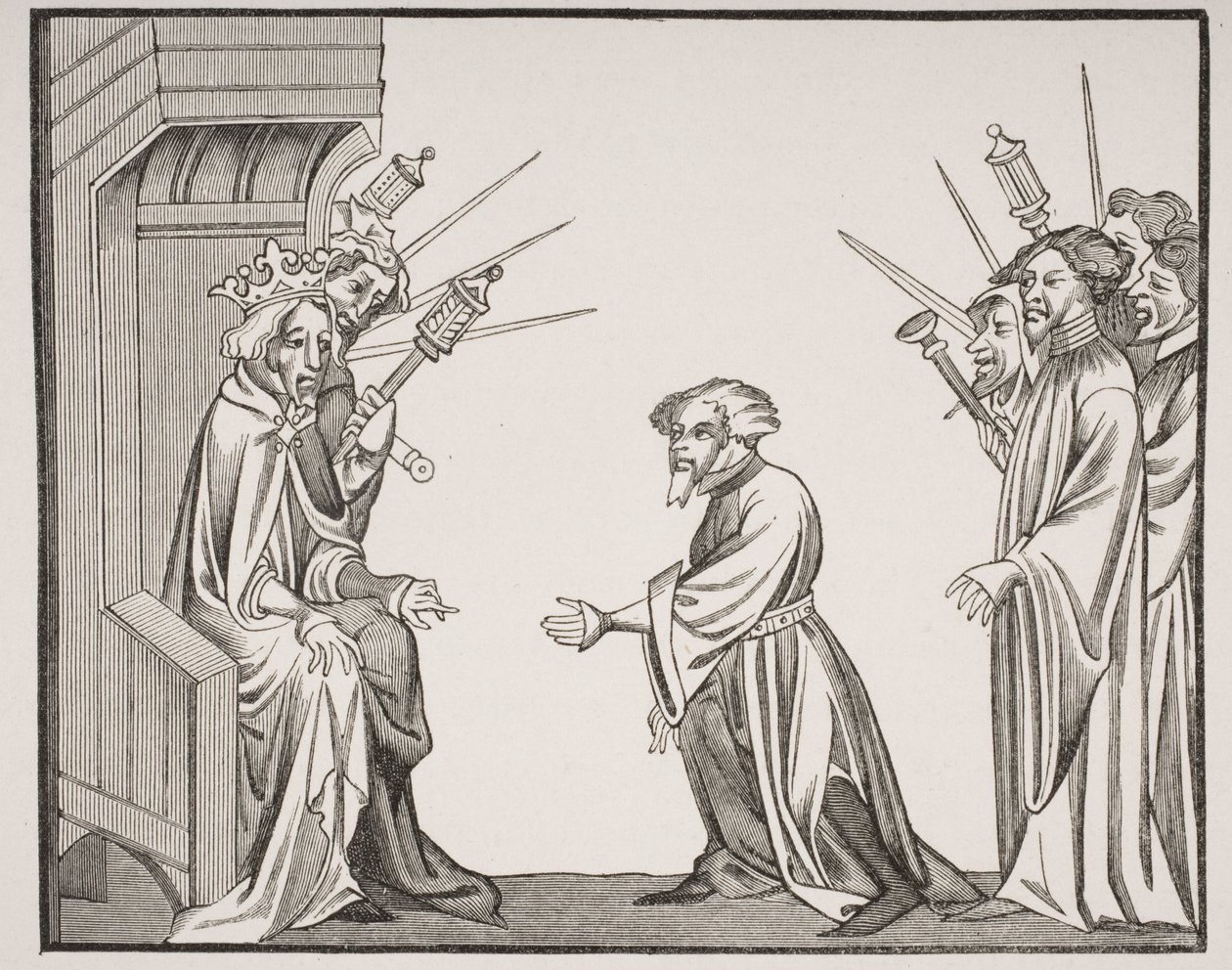 Karl den Store (747-814) modtager troskabs- og æreseden fra en af sine store feudatorer eller højbaroner, faksimile af en miniature fra det 14. århundrede i "Chronicles of Saint Denis", fra "Le Moy". af French School