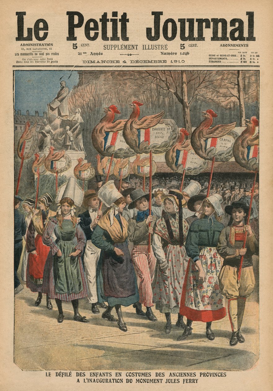 Børn klædt i kostumer fra provinserne paraderende ved indvielsen af monumentet Jules Ferry, Paris, illustration fra 