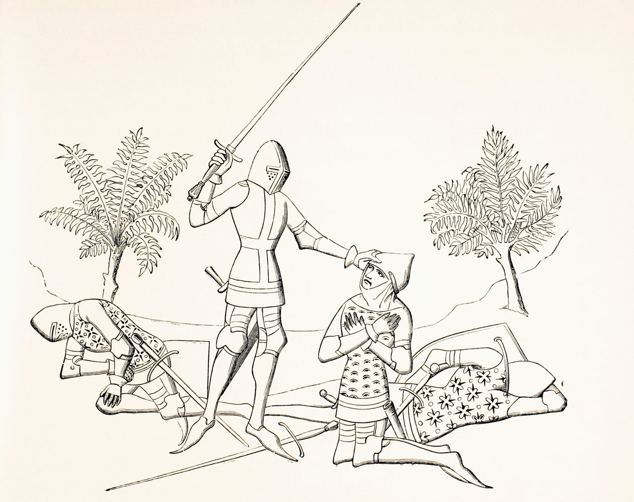 Uddeling af ridderskabet på slagmarken efter at modtageren har dræbt to fjender, fra "Military and Religious Life in the Middle Ages" af Paul Lacroix, udgivet i London omkring 1880. af French School