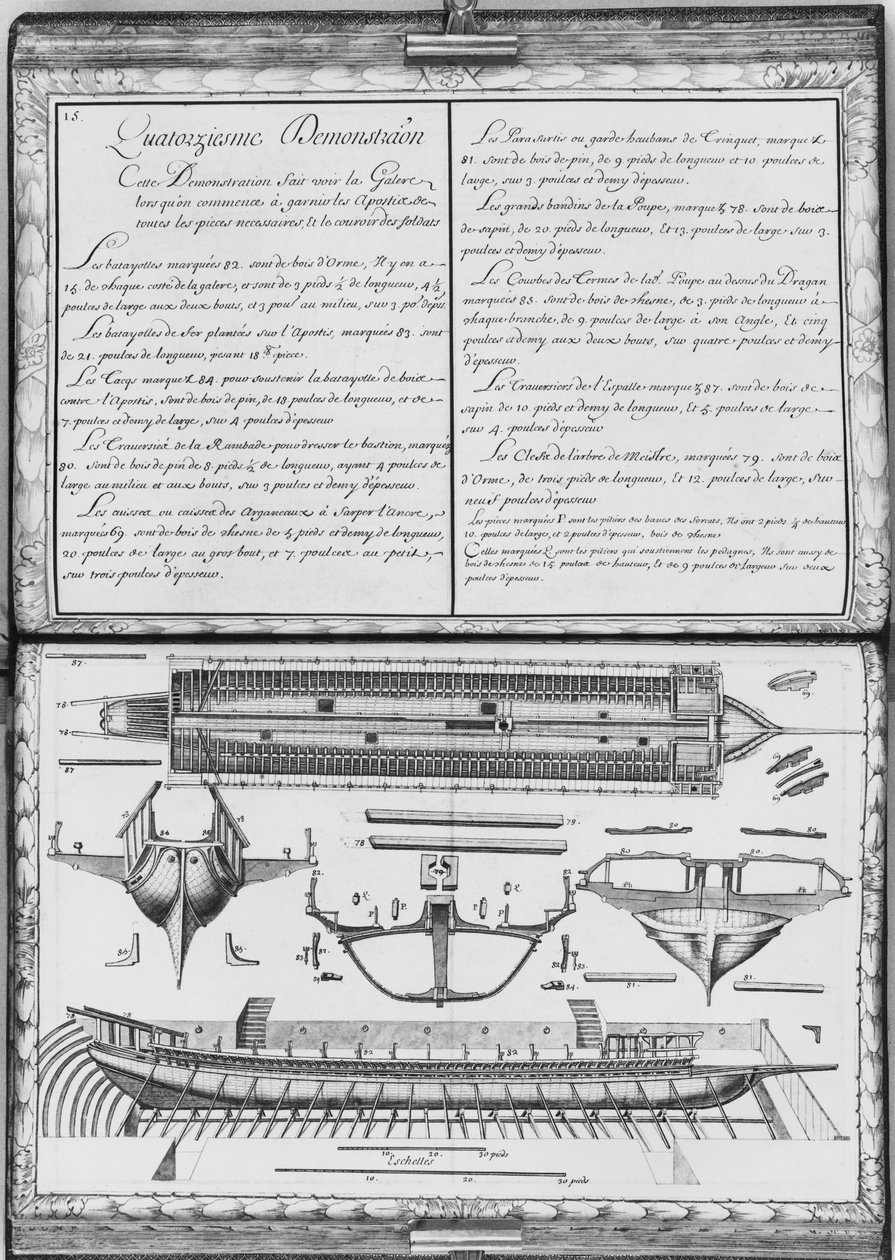 Konstruktion af en galease, fjortende demonstration, planche 15, illustration fra "Demonstrationer af alle de stykker træ, søm og jern, der indgår i konstruktionen af en galease..." (penc af French School