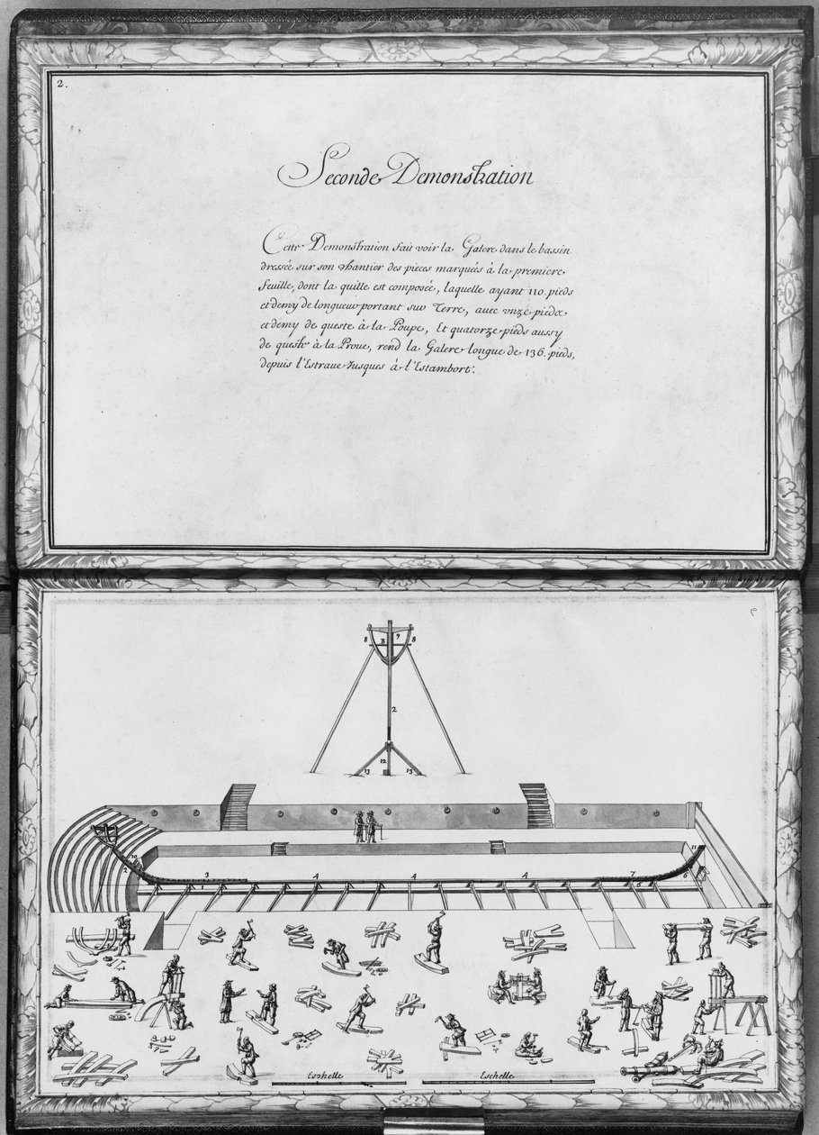 Konstruktion af en galease, anden demonstration, planche 2, illustration fra "Demonstrationer af alle de stykker træ, søm og jern, der indgår i konstruktionen af en galease..." (blyant und af French School