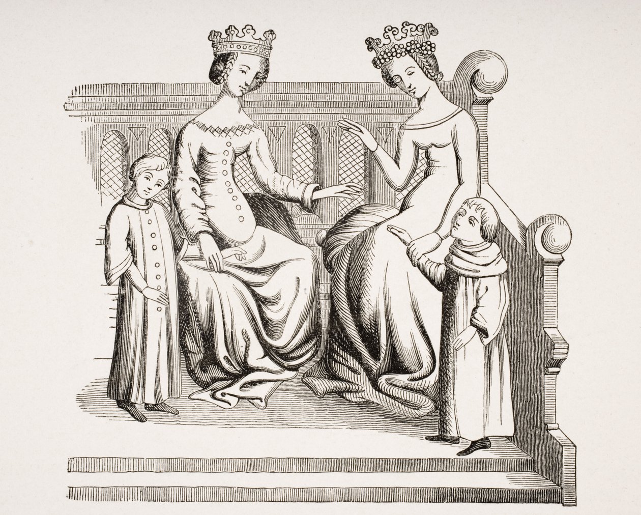 Adelige damer og børns klædedragt i det 14. århundrede, efter en miniature i "Merveilles du Monde", fra "Le Moyen Age et La Renaissance" af Paul Lacroix (1806-84) udgivet i 1847 af French School